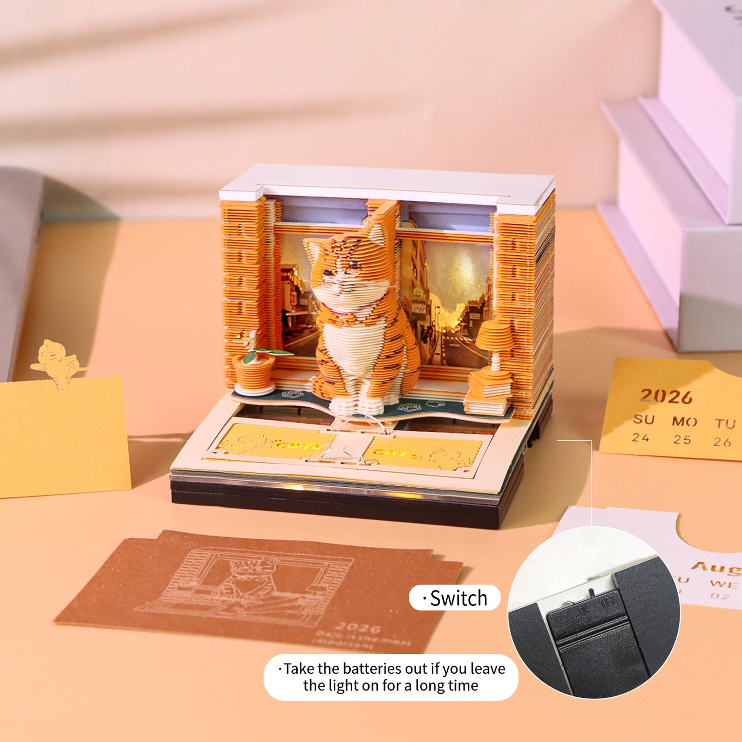 Cute Orange Cat Hand Tear off 3D Calendar Memo Pad With Ligh