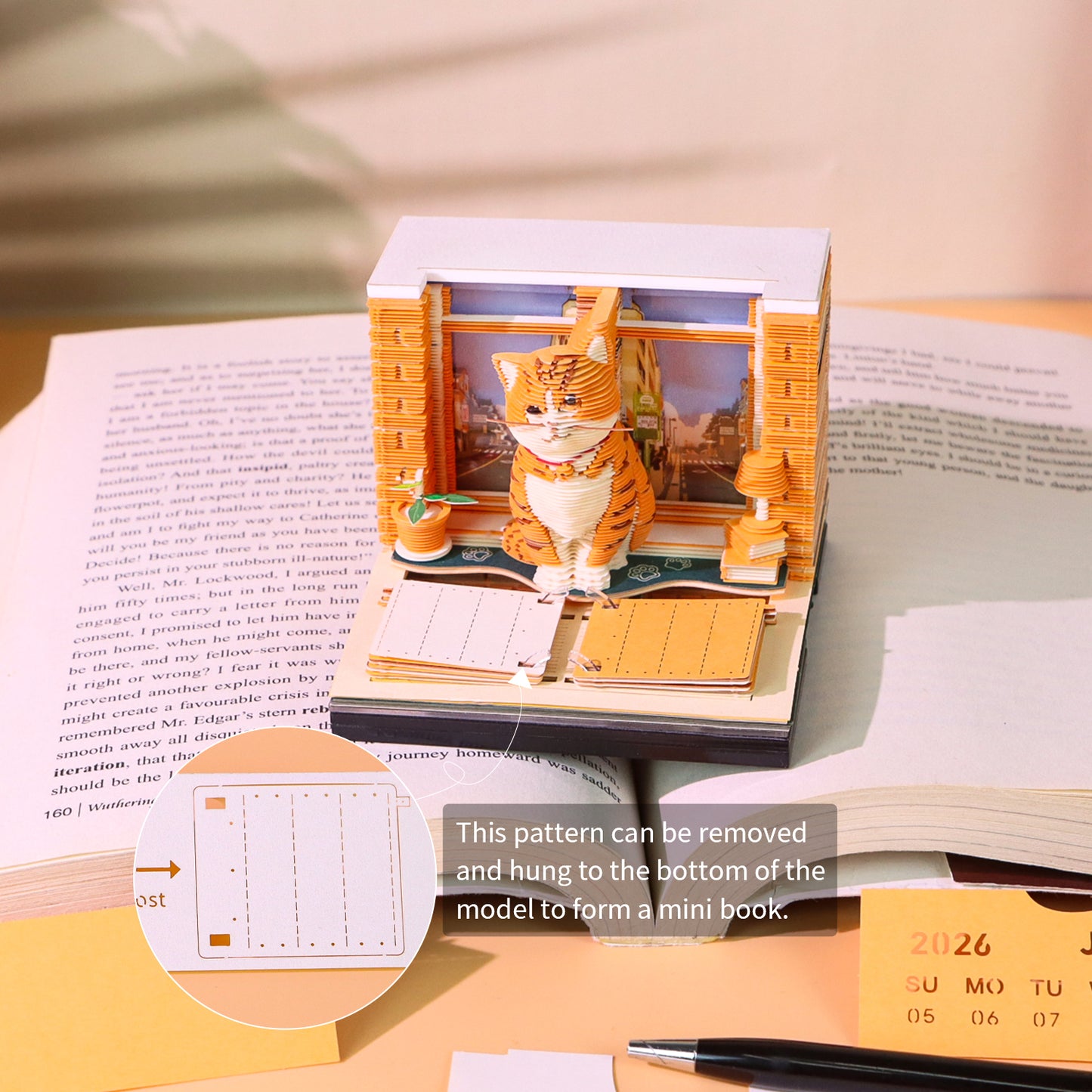 Cute Orange Cat Hand Tear off 3D Calendar Memo Pad With Ligh