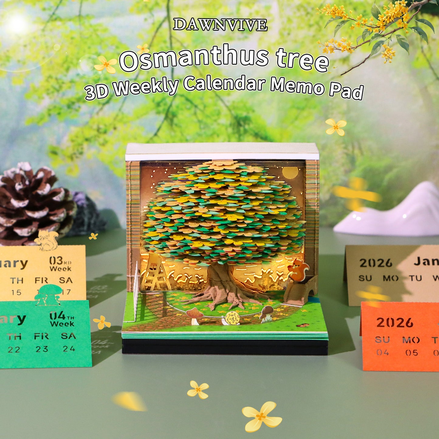 DAWNVIVE 3D Osmanthus Tree Model Hand Tear off 3D Memo Pad with Light