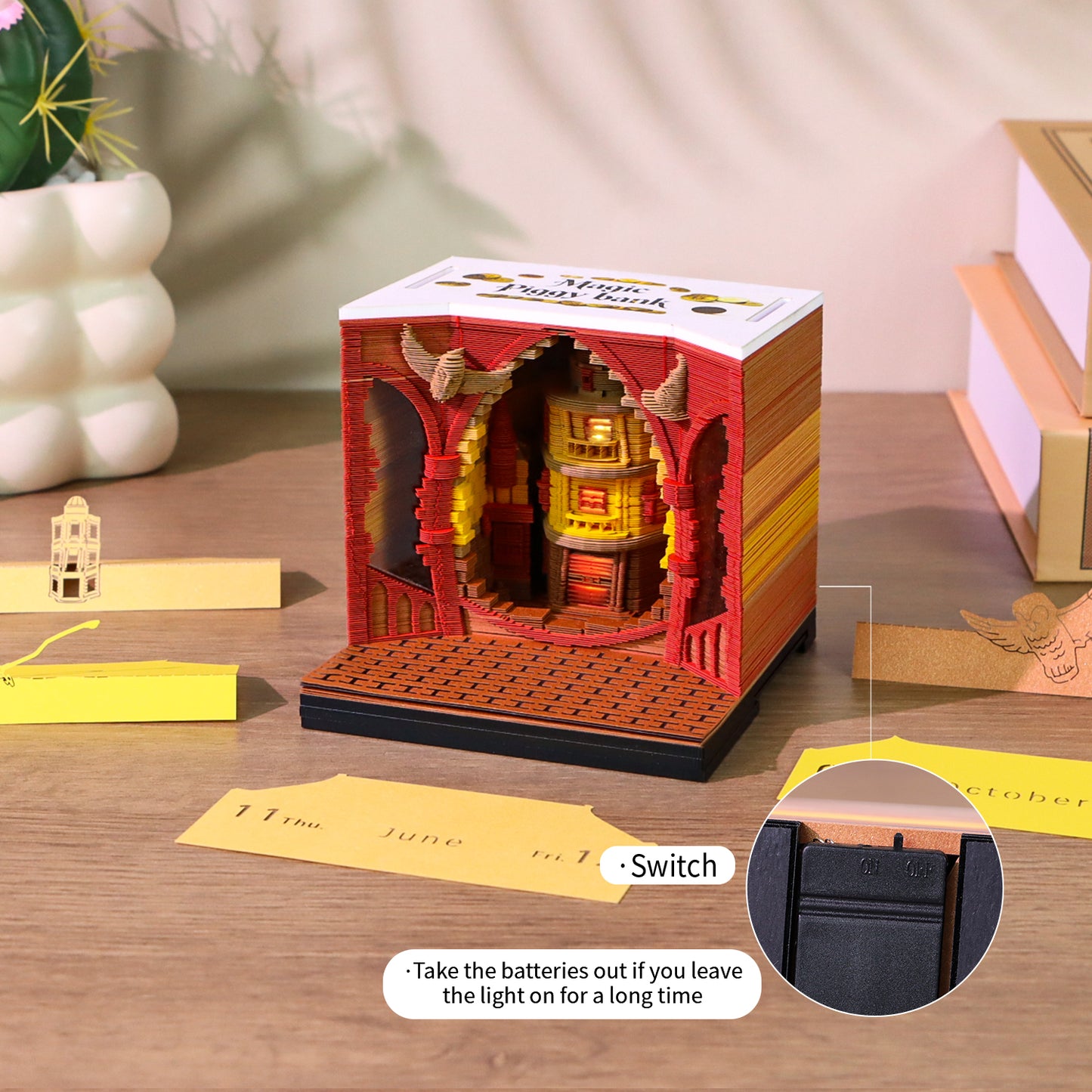 Magic Wizard Coin bank Miniature Hand Tear off 3D Calendar Memo Pad With Light