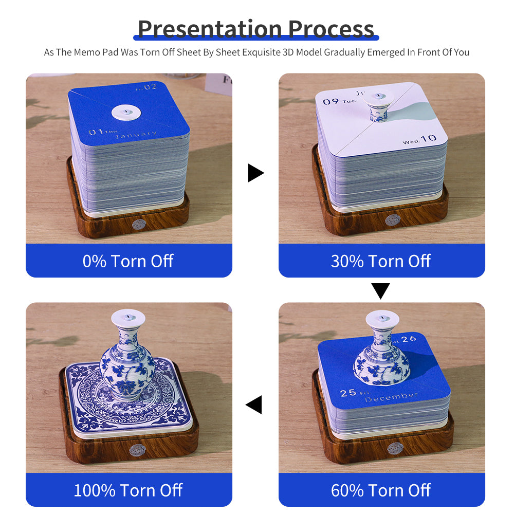 Blue and White Porcelain Vase 3D Model Hand Torn Memo Pad With Daily Calendar 2026