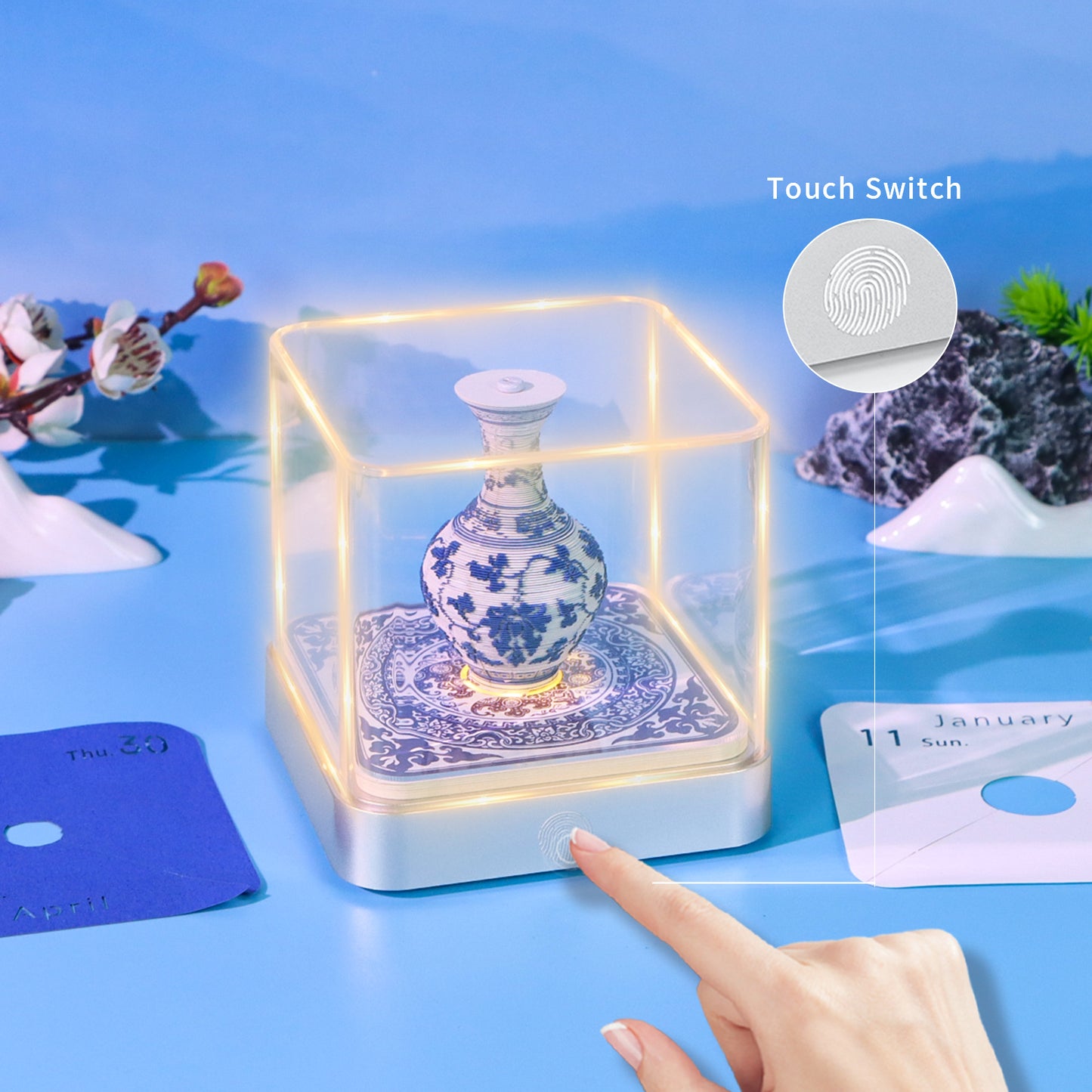 Blue and White Porcelain 3D Paper Sculpture Calendar Memo Pad With Light