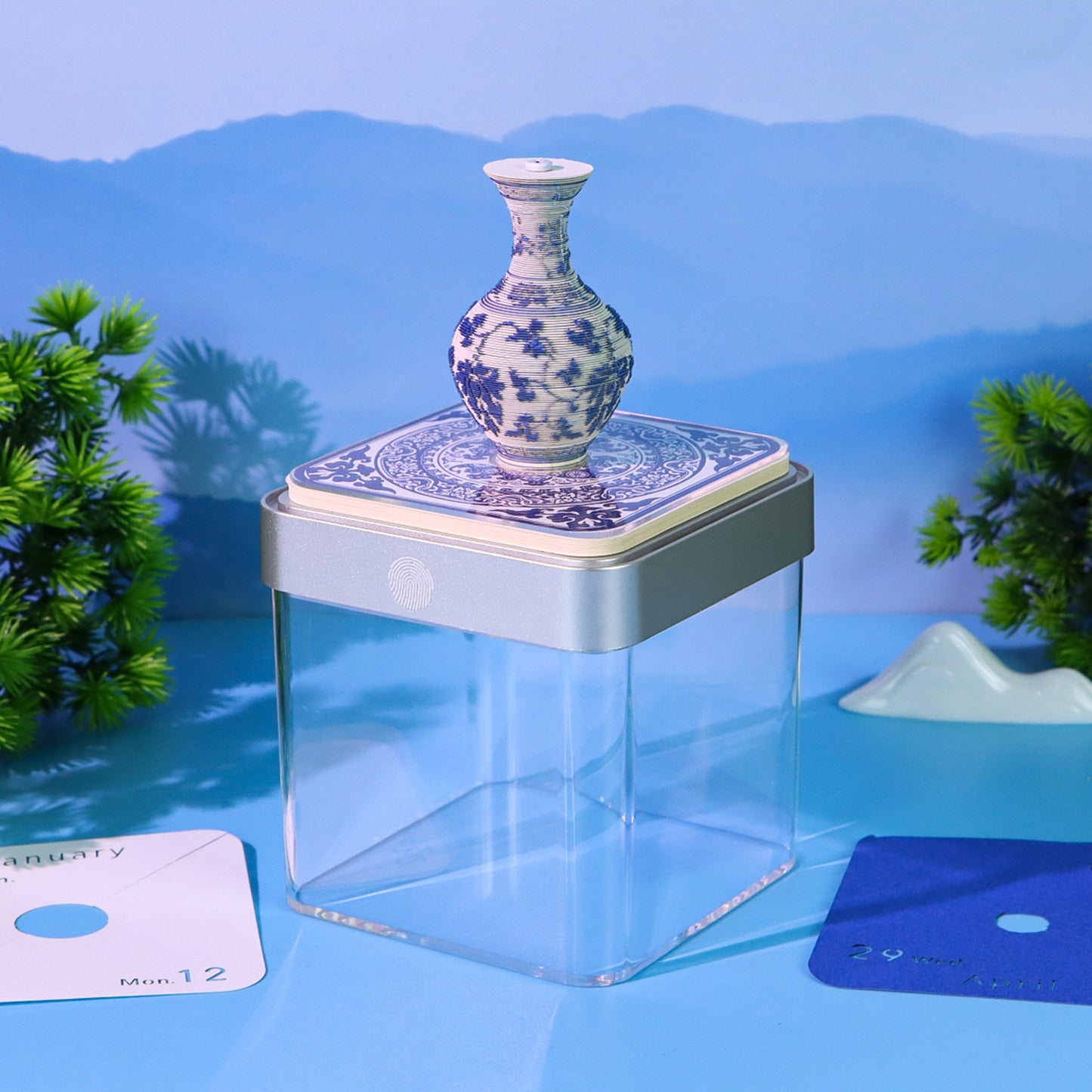 Blue and White Porcelain 3D Paper Sculpture Calendar Memo Pad With Light