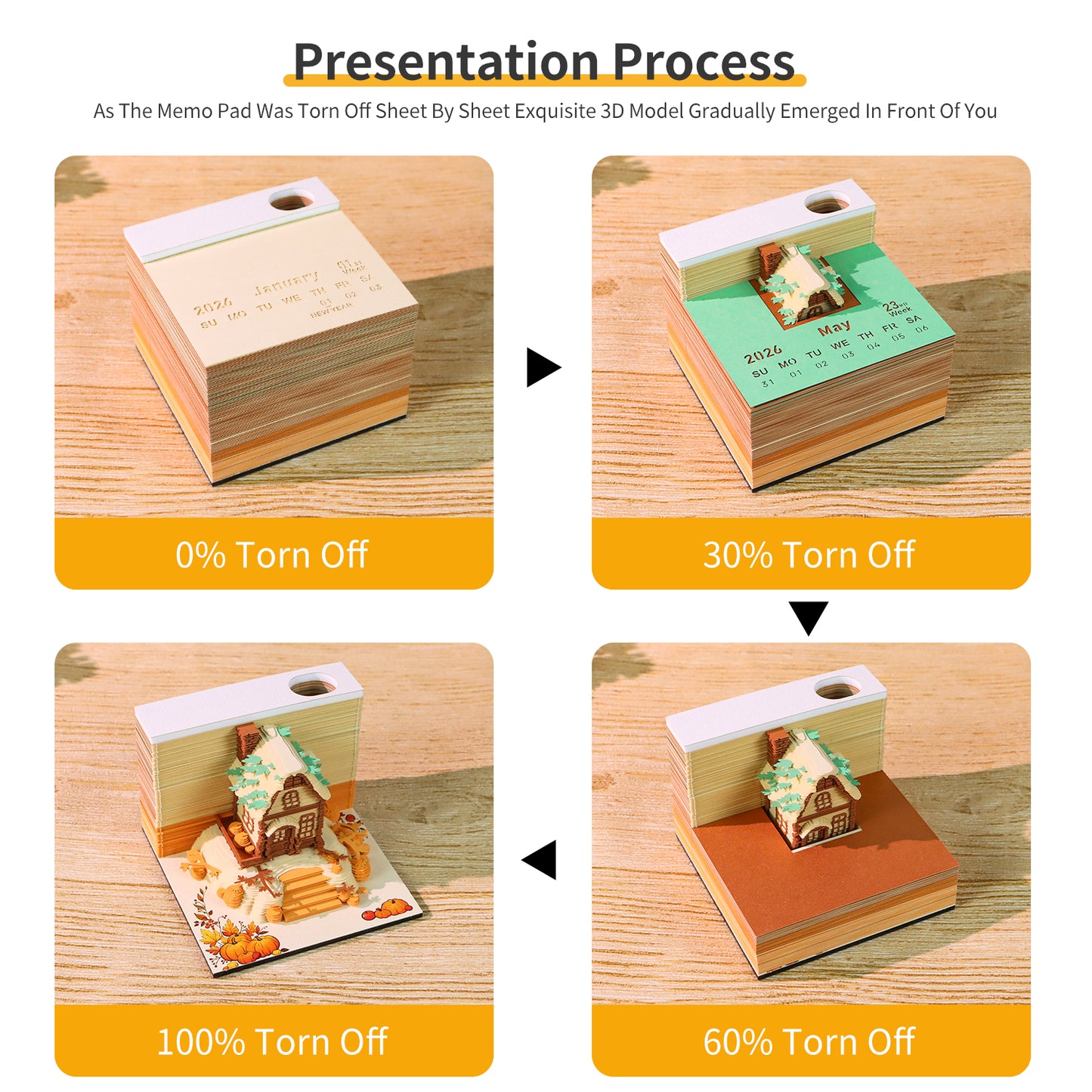 Pumkin House Diorama Hand Tear off 3D Calendar Memo Pad With Light