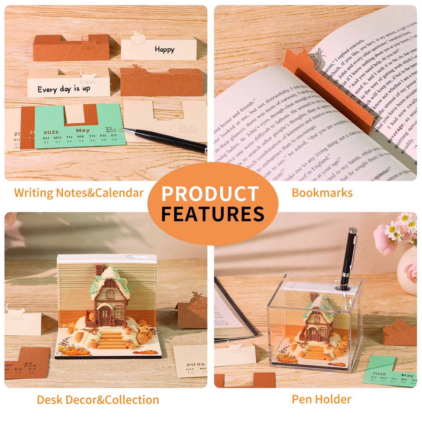 Pumkin House Diorama Hand Tear off 3D Calendar Memo Pad With Light