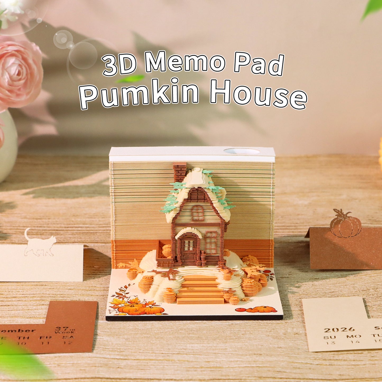 Pumkin House Diorama Hand Tear off 3D Calendar Memo Pad With Light