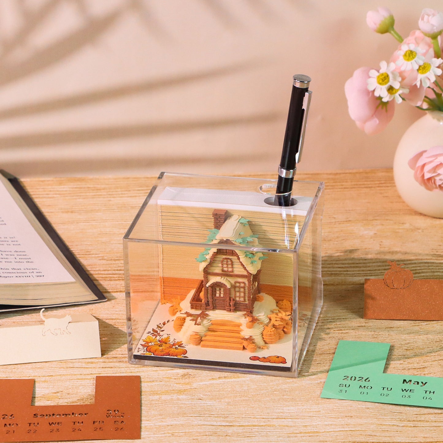 Pumkin House Diorama Hand Tear off 3D Calendar Memo Pad With Light