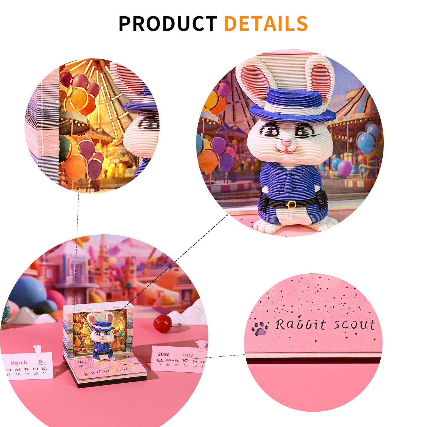 Cute Cartoon Rabbit Scout 3D Calendar Memo Pad With Light