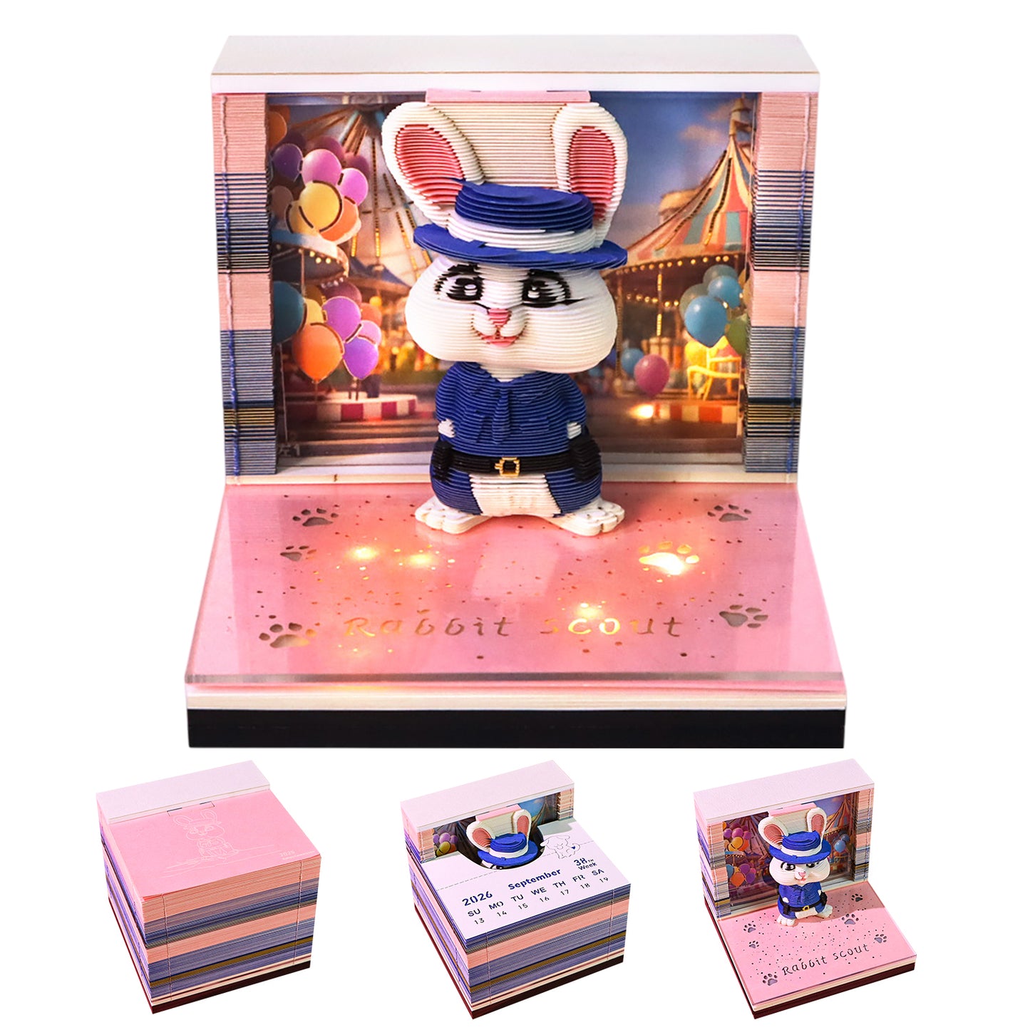 Cute Cartoon Rabbit Scout 3D Calendar Memo Pad With Light