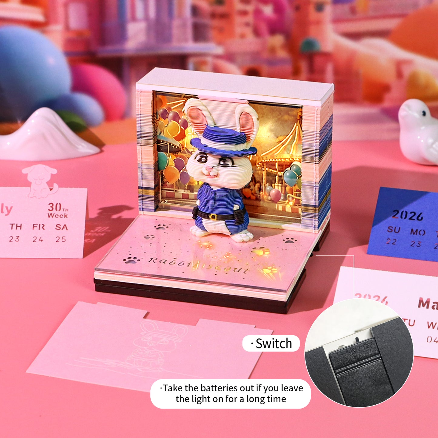 Cute Cartoon Rabbit Scout 3D Calendar Memo Pad With Light