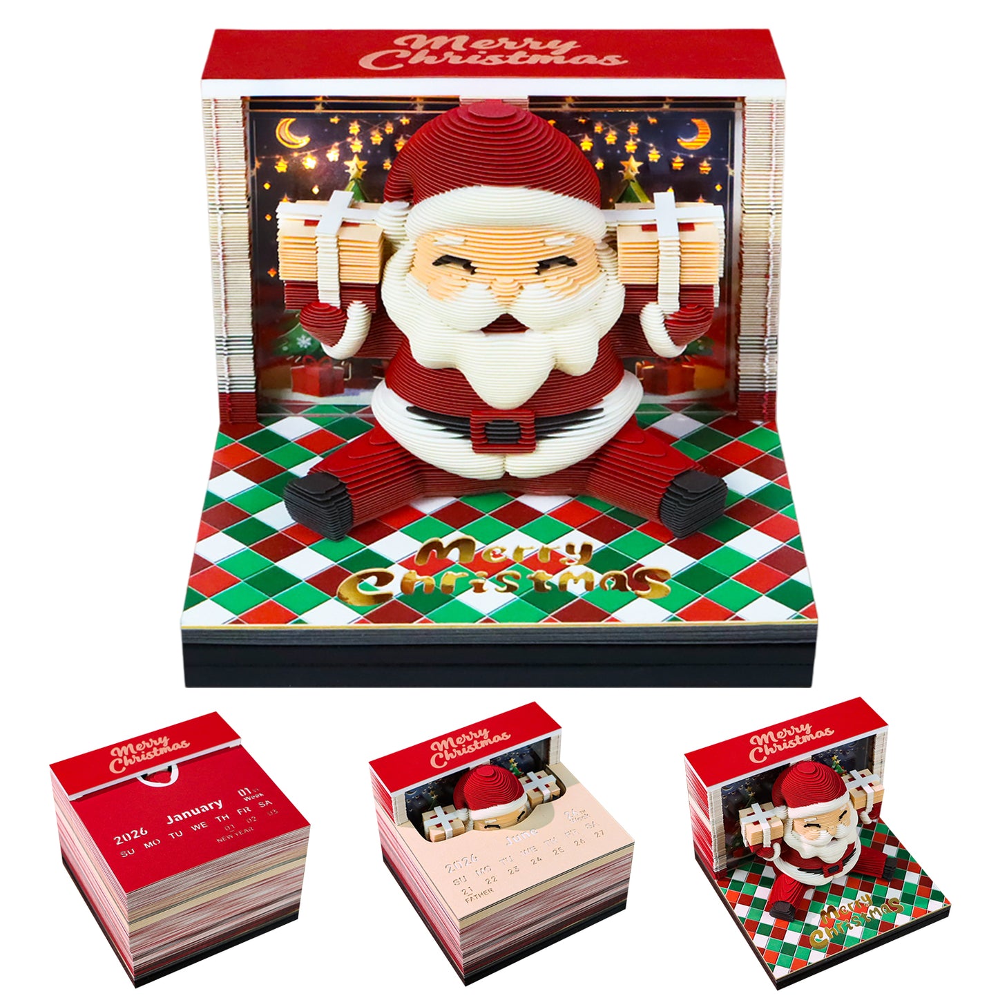Santa Claus Christmas Gift Hand Tear off 3D Calendar Memo Pad With Light