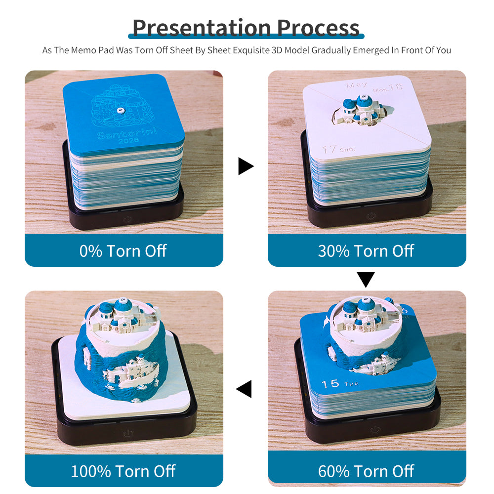 Santorini Aegean Sea 3D Paper Sculpture Calendar Memo Pad With Light