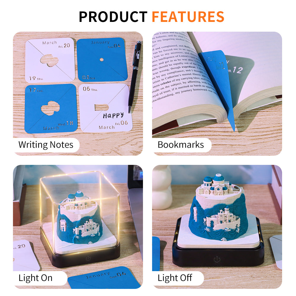 Santorini Aegean Sea 3D Paper Sculpture Calendar Memo Pad With Light
