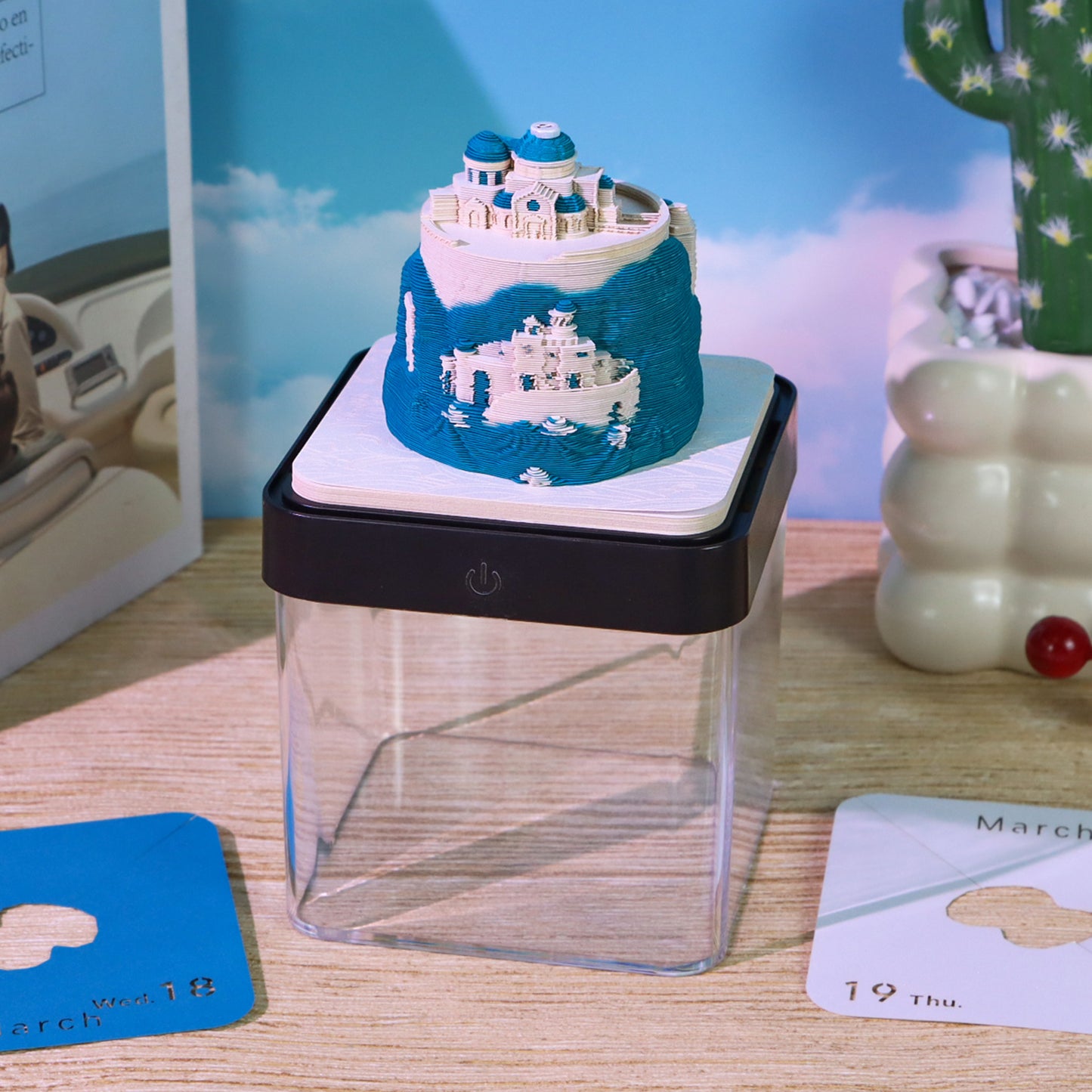 Santorini Aegean Sea 3D Paper Sculpture Calendar Memo Pad With Light