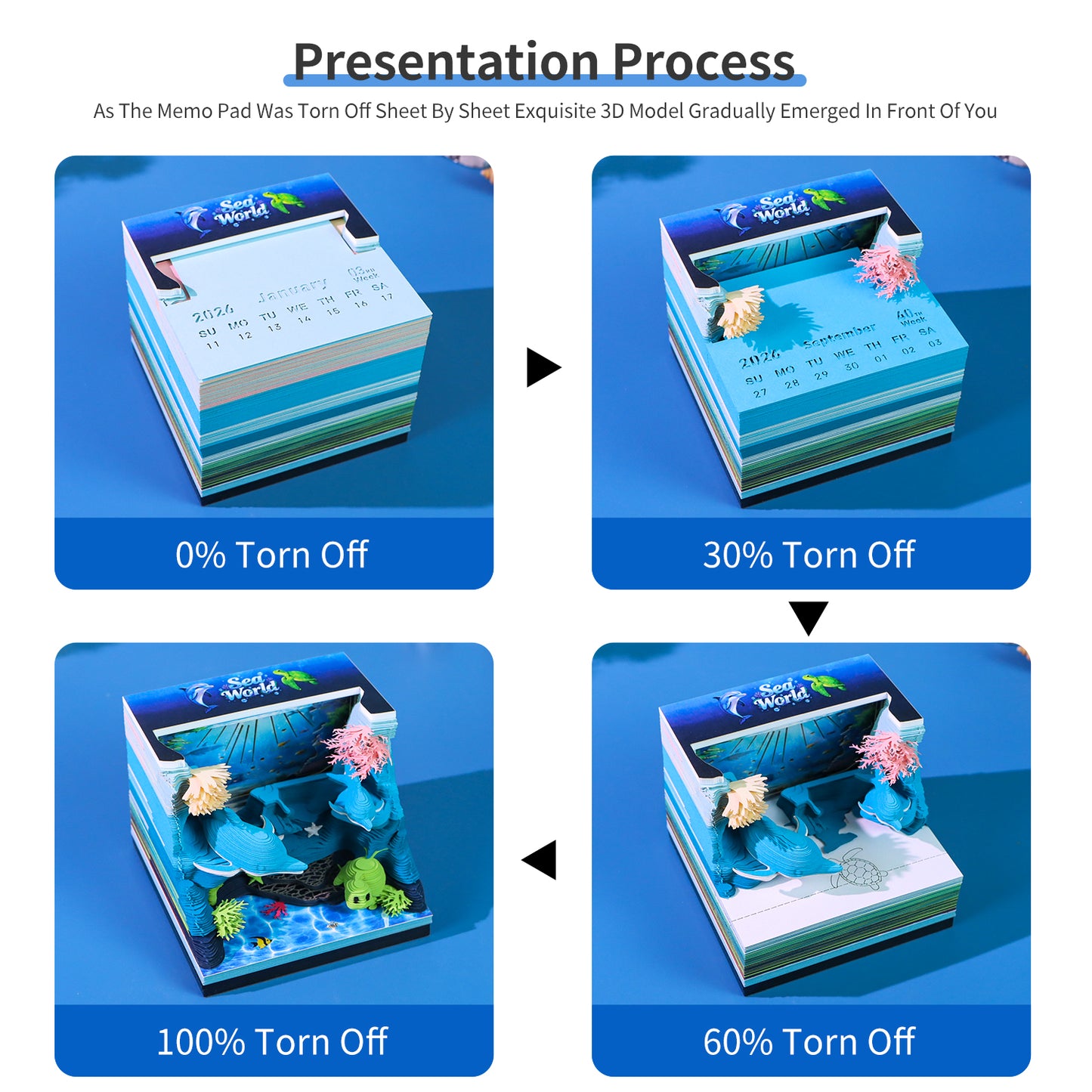 Underwater Wonderland Miniature Hand Tear off 3D Calendar Memo Pad With Light