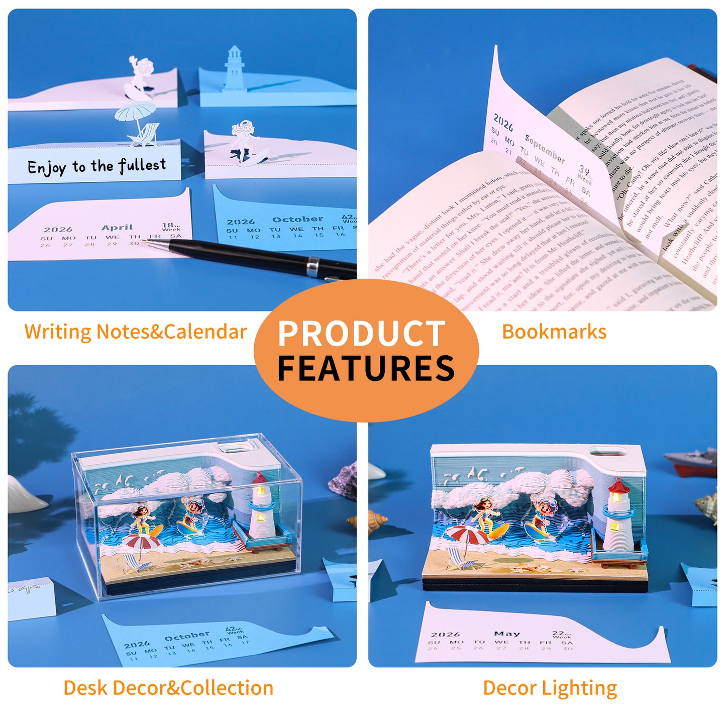 Surfing Great Wave Hand Tear off 3D Calendar Memo Pad With Light