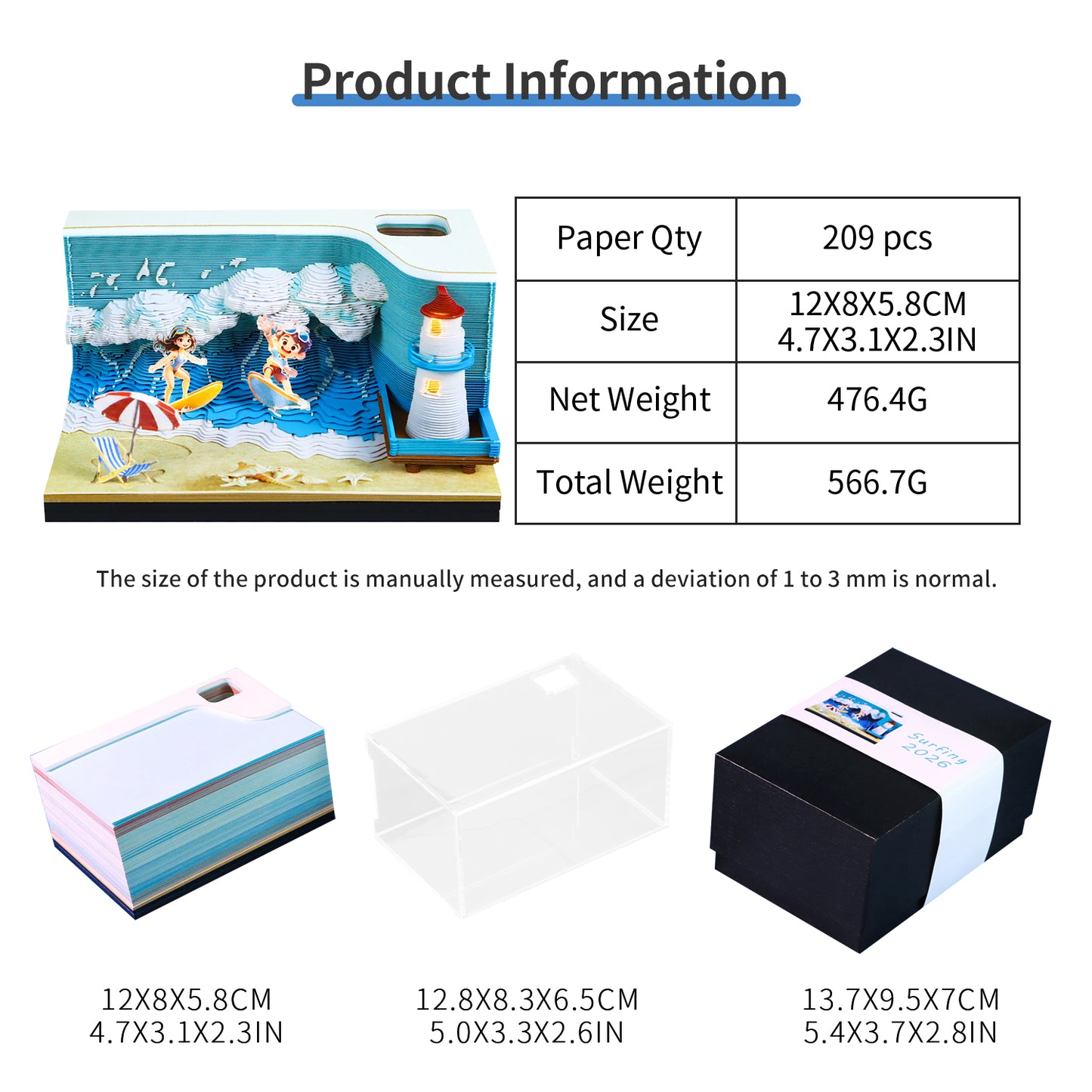 Surfing Great Wave Hand Tear off 3D Calendar Memo Pad With Light