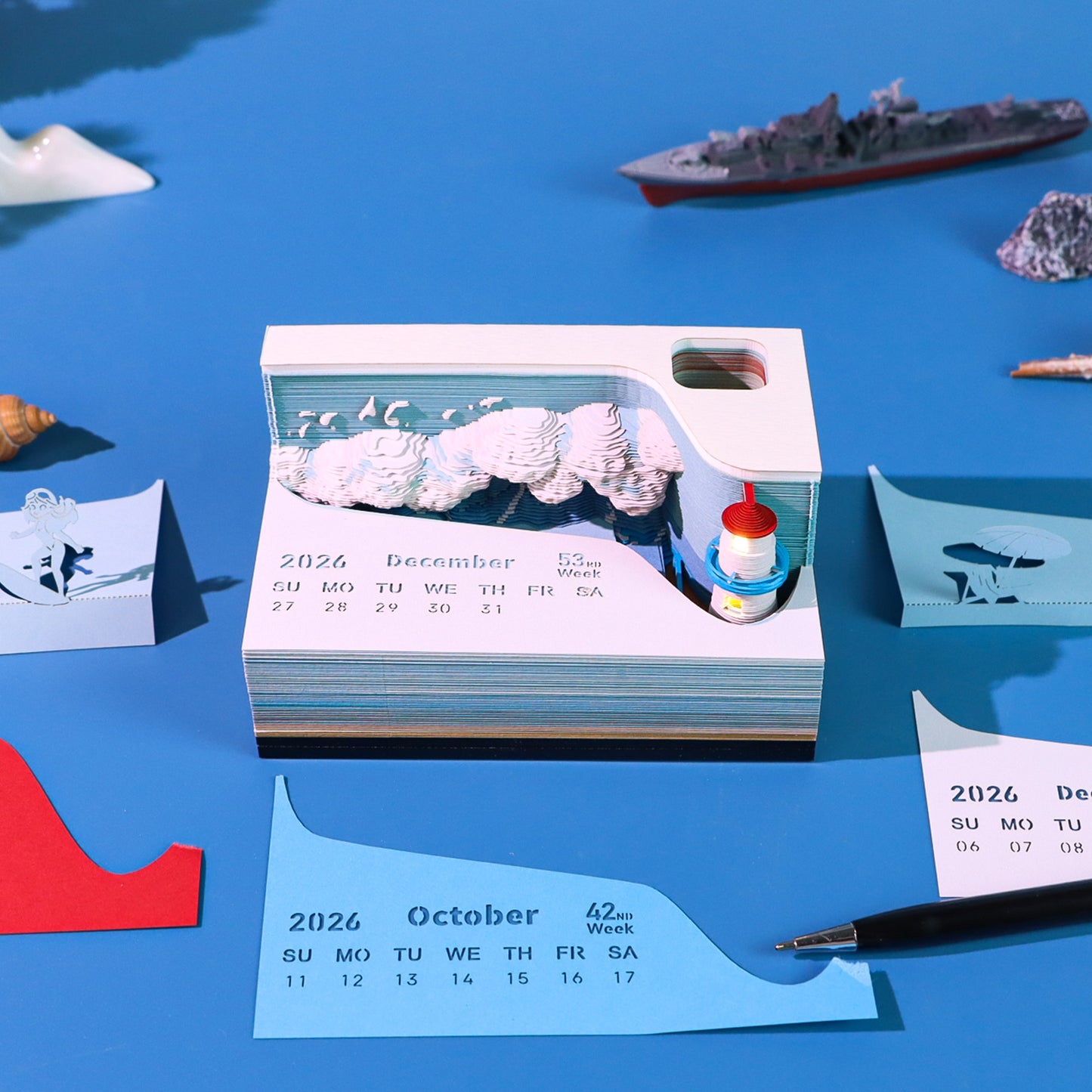 Surfing Great Wave Hand Tear off 3D Calendar Memo Pad With Light