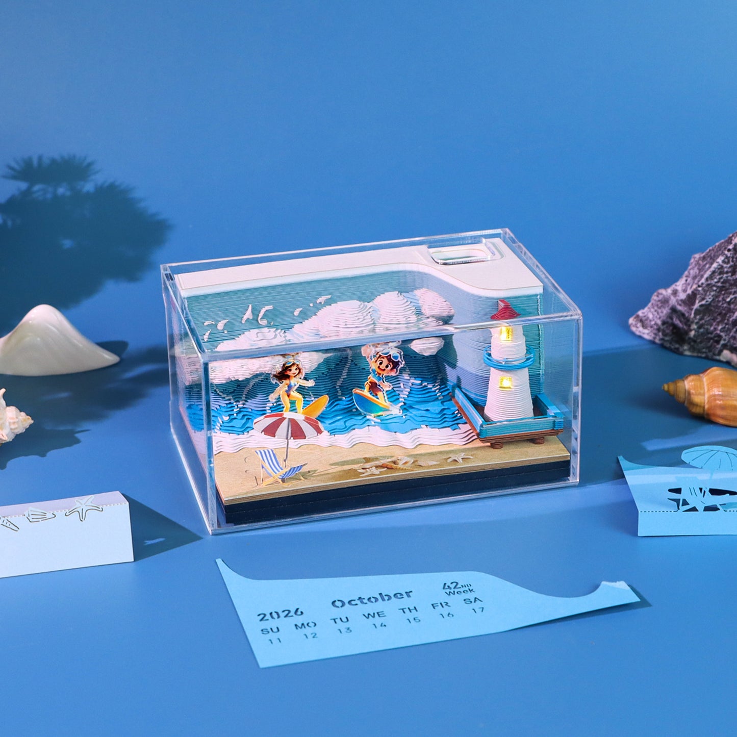 Surfing Great Wave Hand Tear off 3D Calendar Memo Pad With Light