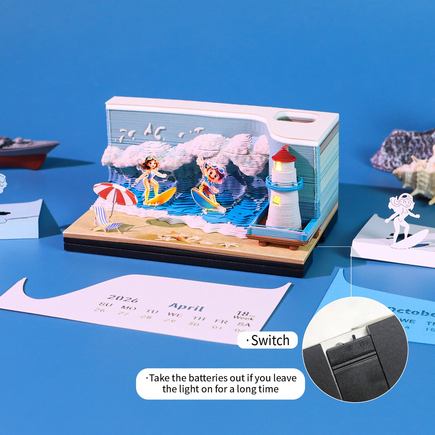 Surfing Great Wave Hand Tear off 3D Calendar Memo Pad With Light