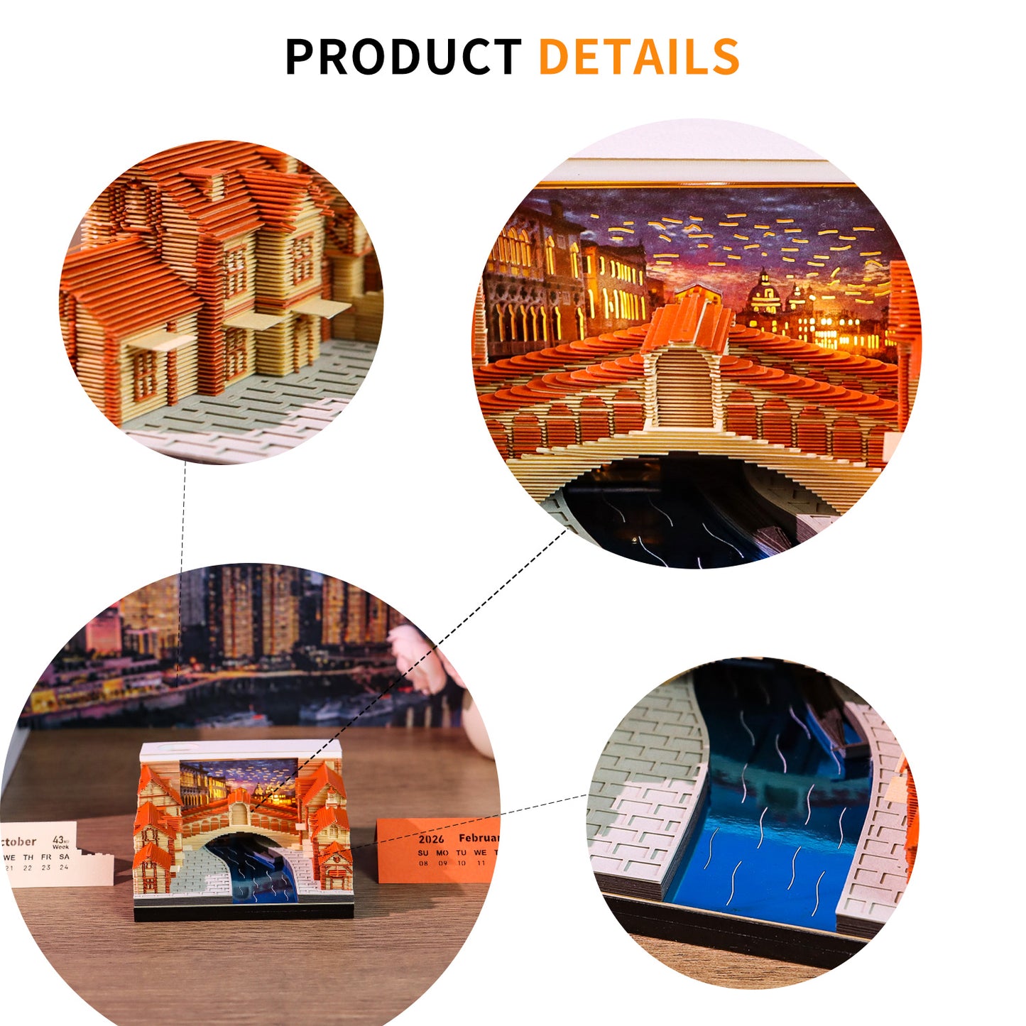 Venice Rialto Bridge Miniature Hand Tear off 3D Calendar Memo Pad With Light