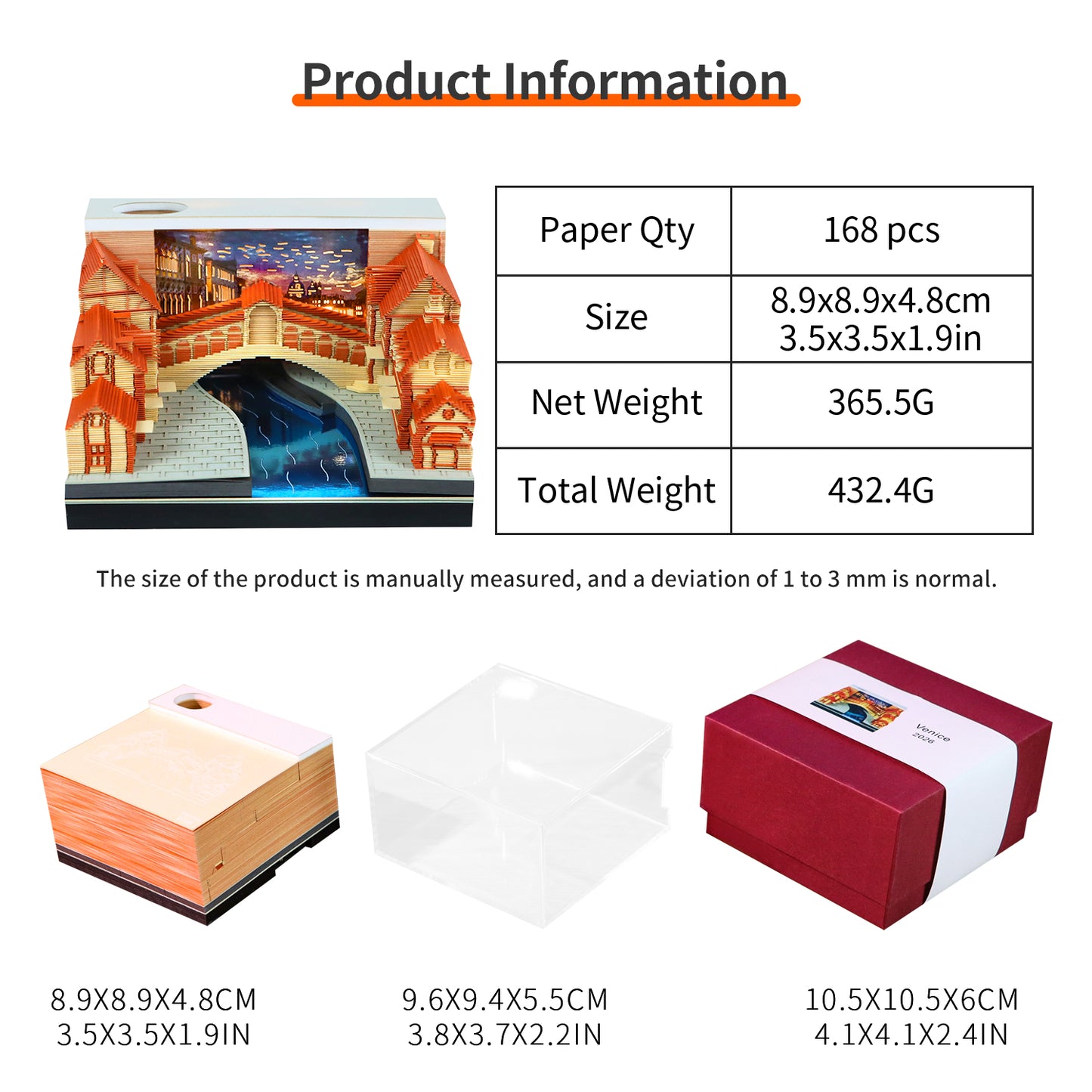 Venice Rialto Bridge Miniature Hand Tear off 3D Calendar Memo Pad With Light