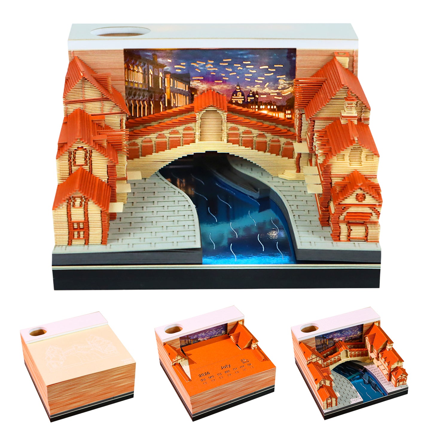 Venice Rialto Bridge Miniature Hand Tear off 3D Calendar Memo Pad With Light