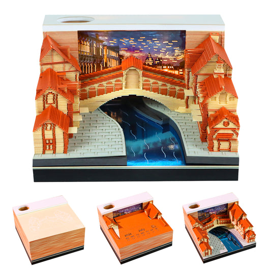 Venice Rialto Bridge Miniature Hand Tear off 3D Calendar Memo Pad With Light