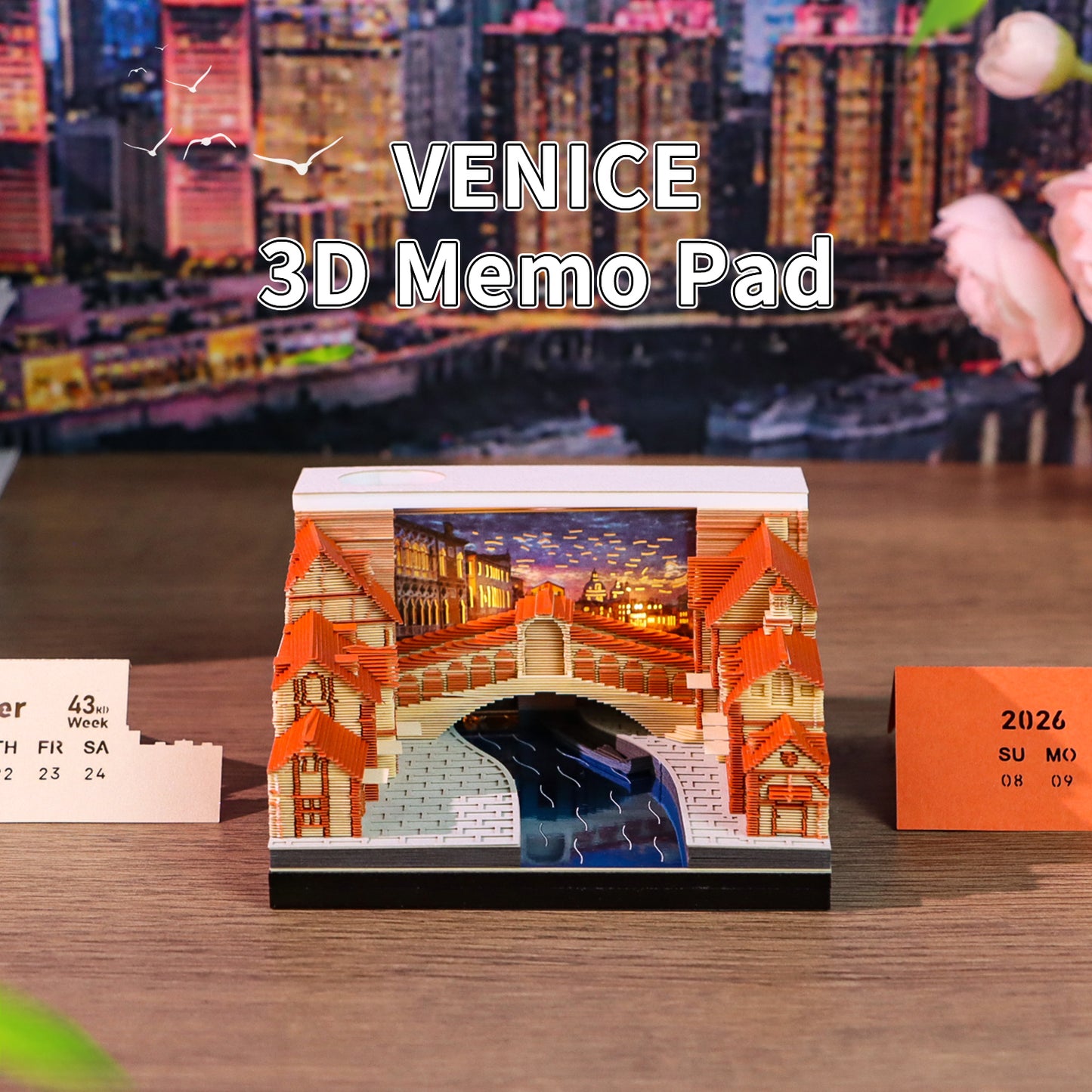Venice Rialto Bridge Miniature Hand Tear off 3D Calendar Memo Pad With Light