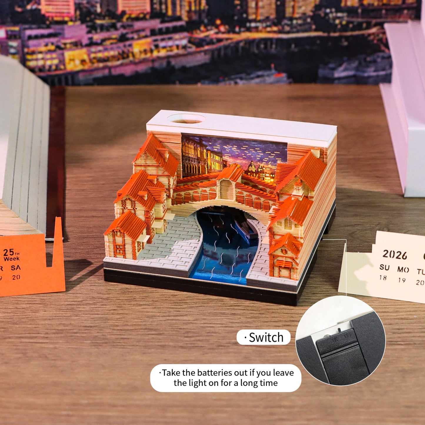 Venice Rialto Bridge Miniature Hand Tear off 3D Calendar Memo Pad With Light