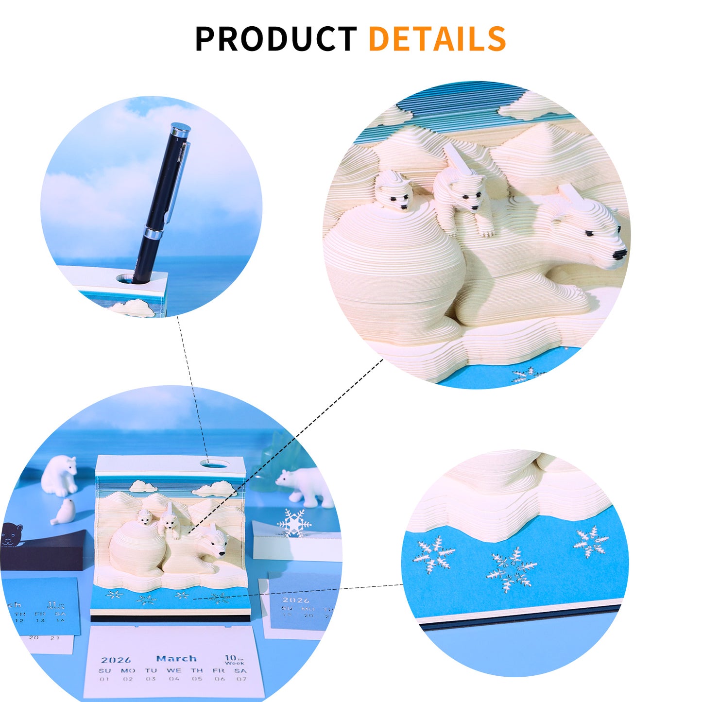 Polar Bear 3D Model Hand Torn Memo Pad With Weekly Calendar 2026